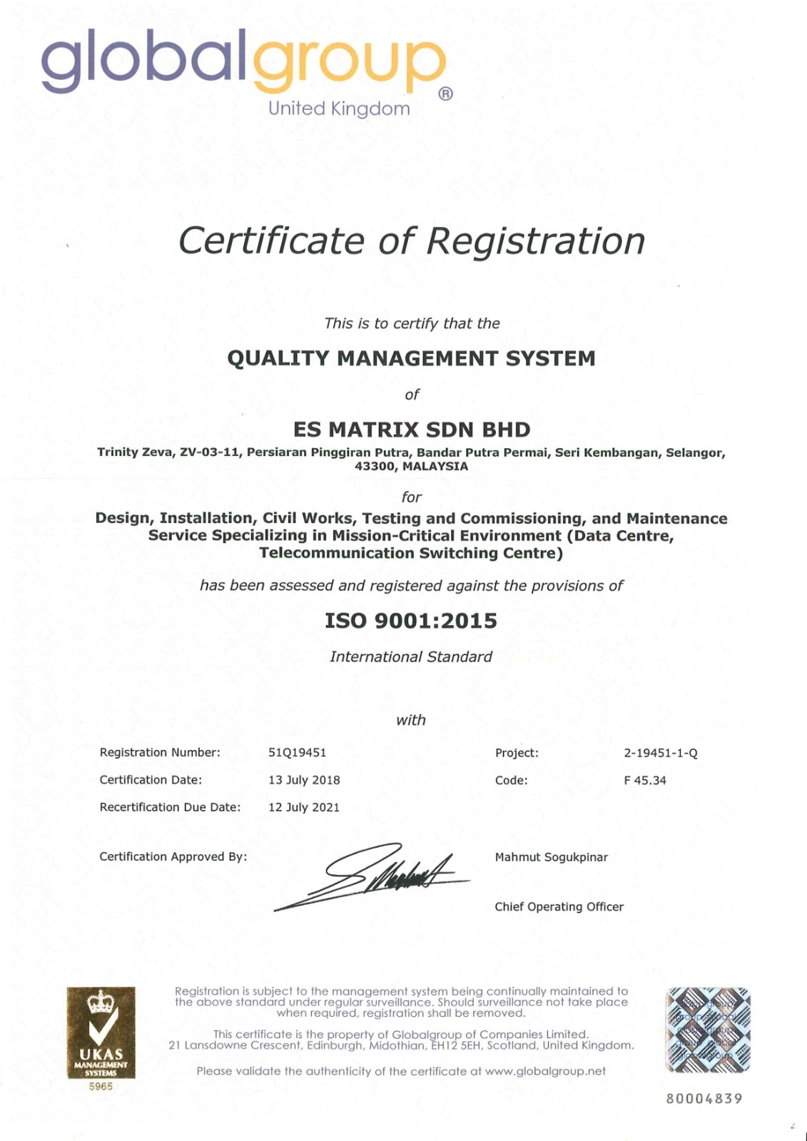 ISO 9001:2015 Quality Management — Globalgroup · UKAS