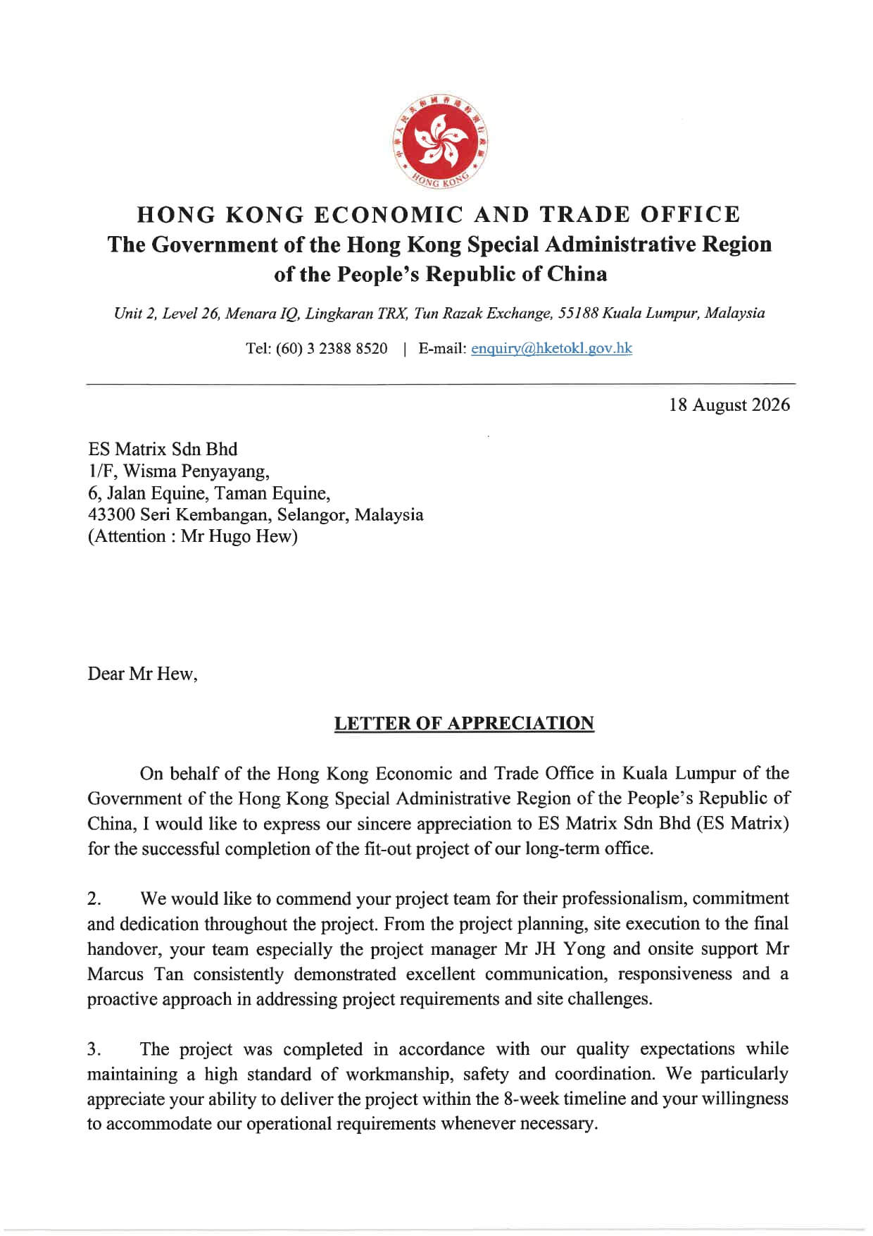 Letter of Appreciation — Office Fit-Out — Hong Kong Economic & Trade Office