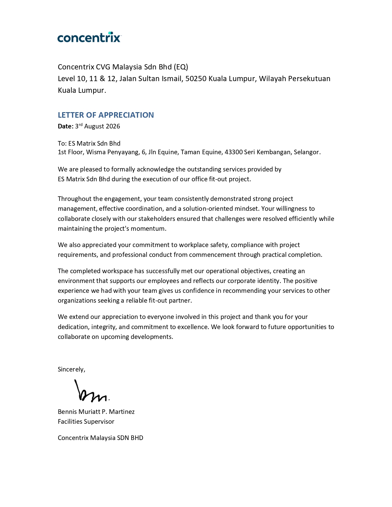 Letter of Appreciation — Office Fit-Out — Concentrix CVG Malaysia