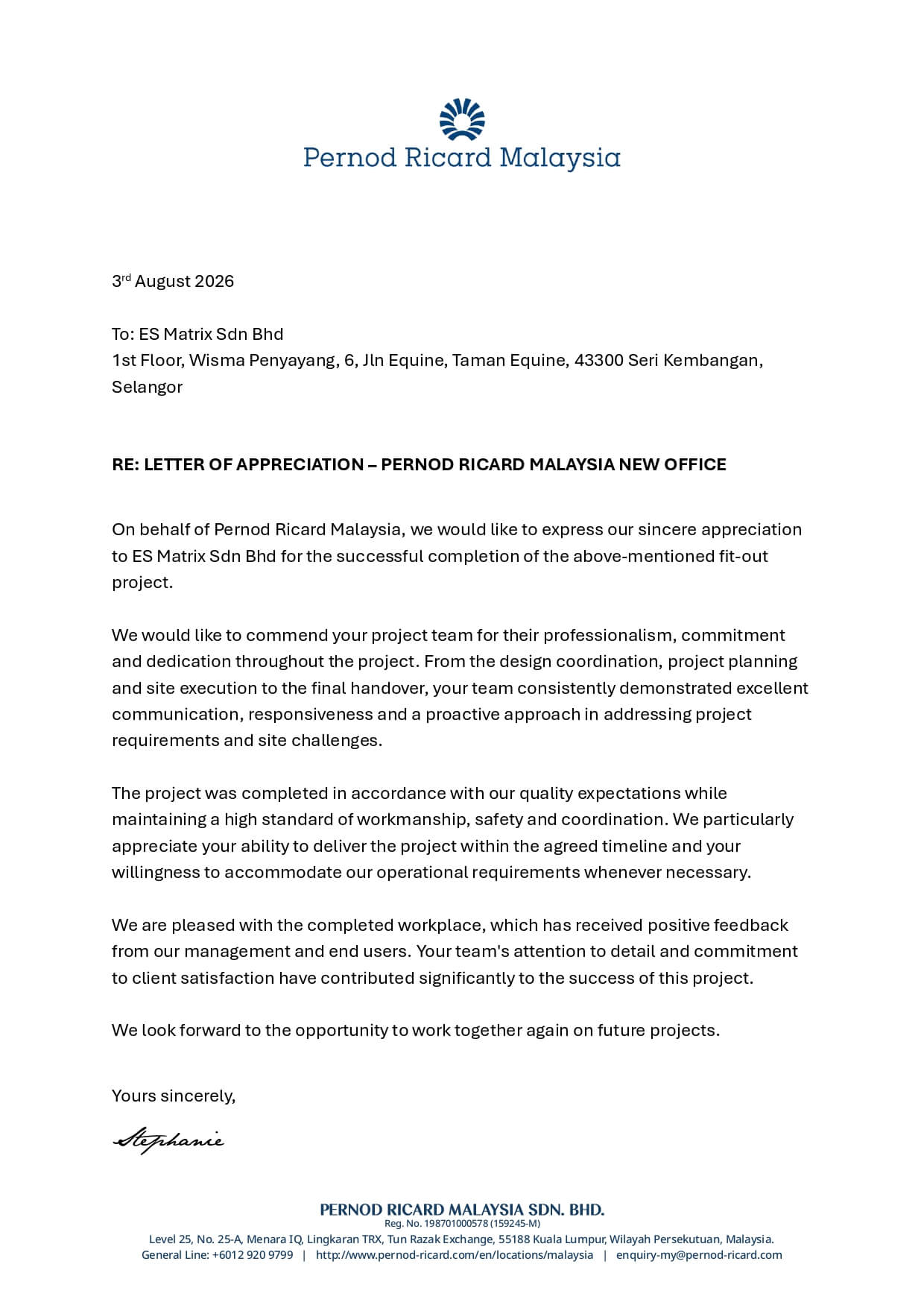 Letter of Appreciation — New Office Fit-Out — Pernod Ricard Malaysia