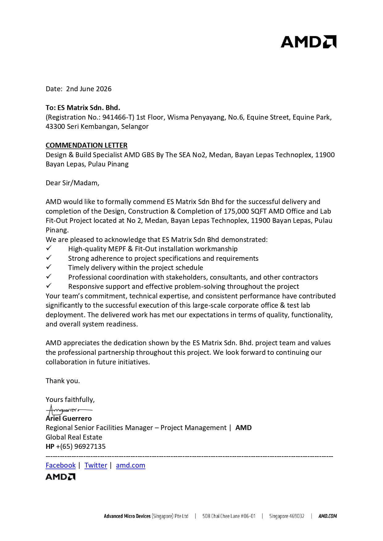 Commendation Letter — 175,000 SQFT Office & Lab — AMD (Advanced Micro Devices)