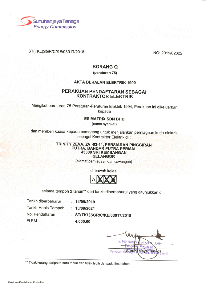 Electrical Contractor's Certificate (Form Q) — Suruhanjaya Tenaga
